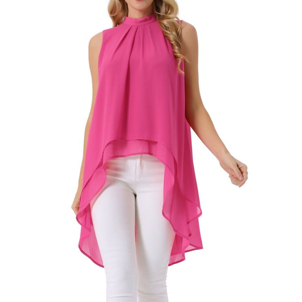 Casual Tie Back Asymmetrical Sleeveless Mock Neck Flowy Blouse Tops Hot Pink
